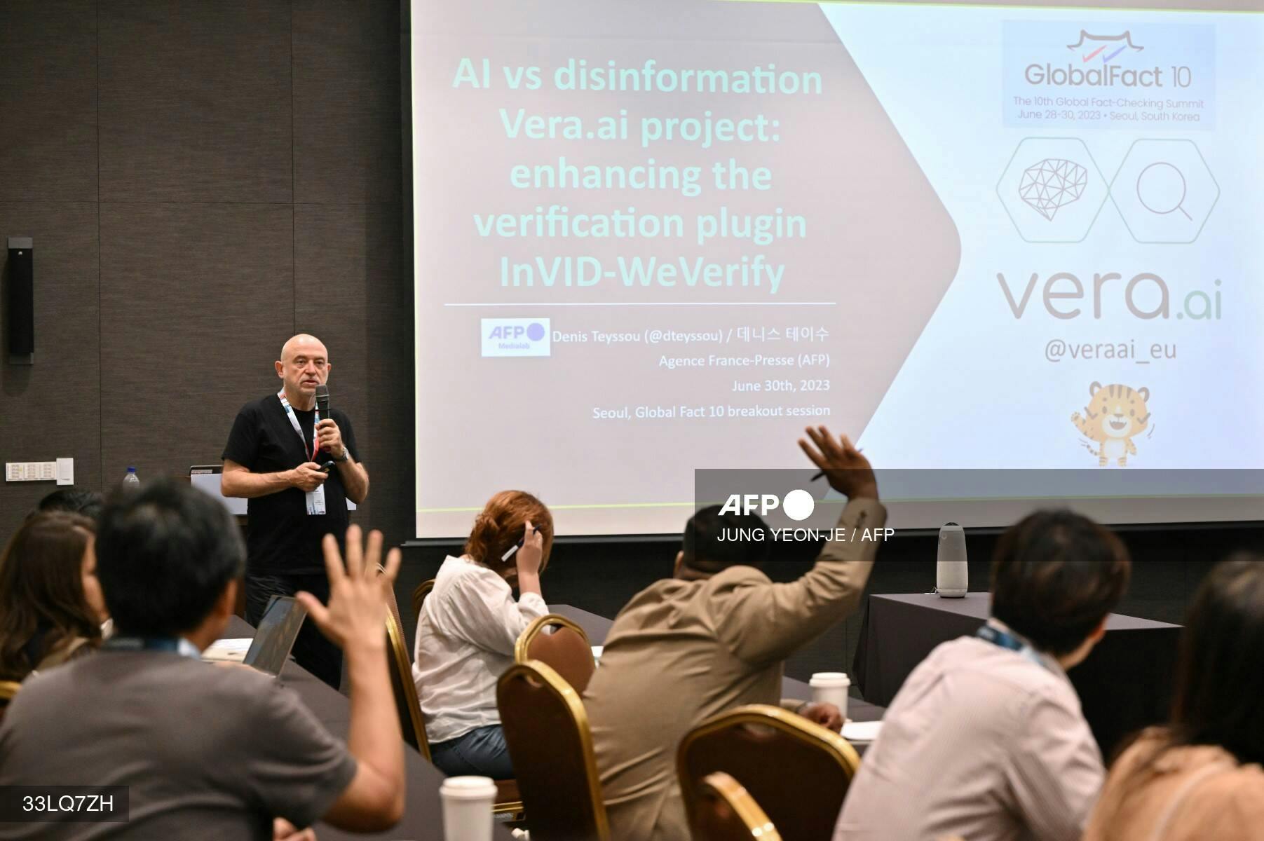 Denis Teyssou presenting the vera.ai project at Global Fact 10 in Seoul, on June 30.